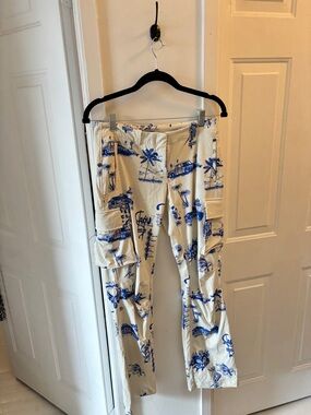 Miaou Raven Blue Cargo Pants Cream Cargo Pants with Blue Tropical Print